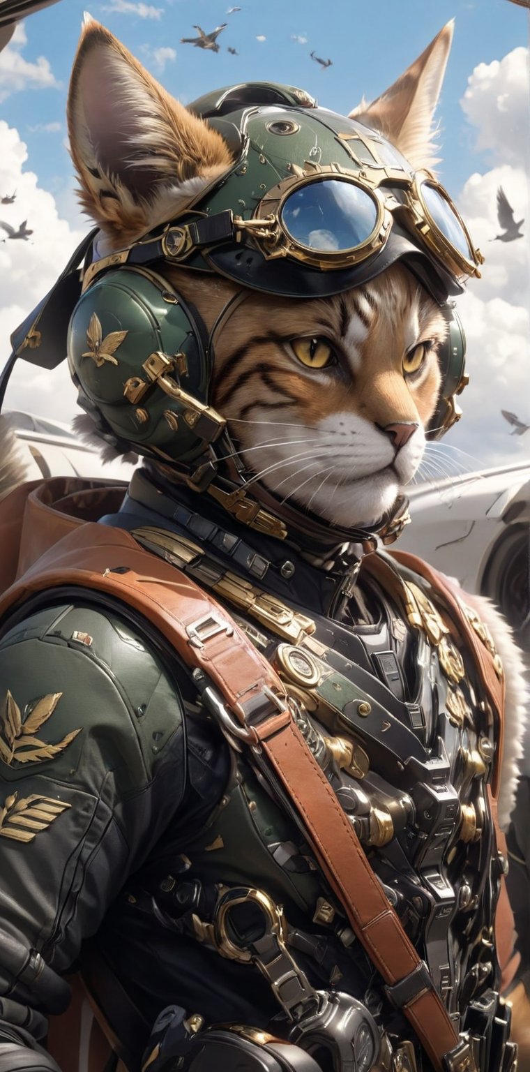 solo, 1boy, animal ears, male focus, sky, cloud, uniform, collar, military, military uniform, bird, animal, cat, helmet, goggles, furry, in aircraft, , whiskers, pilot