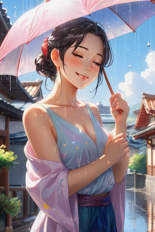 A beautifully rendered anime painting depicting a young woman basking in the rain under a sunny sky. She has her arms outstretched, eyes closed, and a serene smile on her face. Droplets of water glisten on her skin and clothing, enhancing the vibrant colors. The background features a cityscape with a mix of modern and traditional architecture. The overall atmosphere of the painting exudes a sense of freedom, joy, and rejuvenation., anime, painting