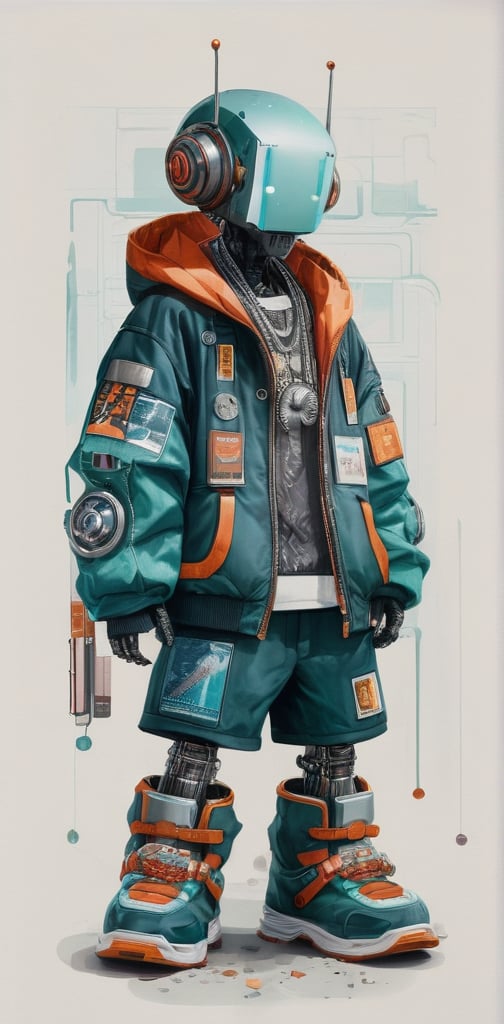 A mesmerizing watercolor illustration captures the essence of a futuristic robot with a distinctly urban and streetwear-inspired aesthetic. The robot's humanoid form boasts a large, boxy head adorned with antennas and intricate mechanical details, showcasing its high-tech nature. Clad in a predominantly teal and orange ensemble, the robot's fashionable outfit includes an oversized jacket, shorts, and large sneakers, all adorned with intricate designs, graphic elements, kanji characters, and various logos. The bold colors and patterns of the attire reflect a blend of futuristic and traditional influences, while the robot's relaxed, casual stance exudes a cool, confident demeanor. The background, a subtle off-white hue, features faint text and design elements reminiscent of a futuristic cityscape or digital interface, adding, illustration, conceptual art, painting, ukiyo-e,DonMD34thKn1gh7XL