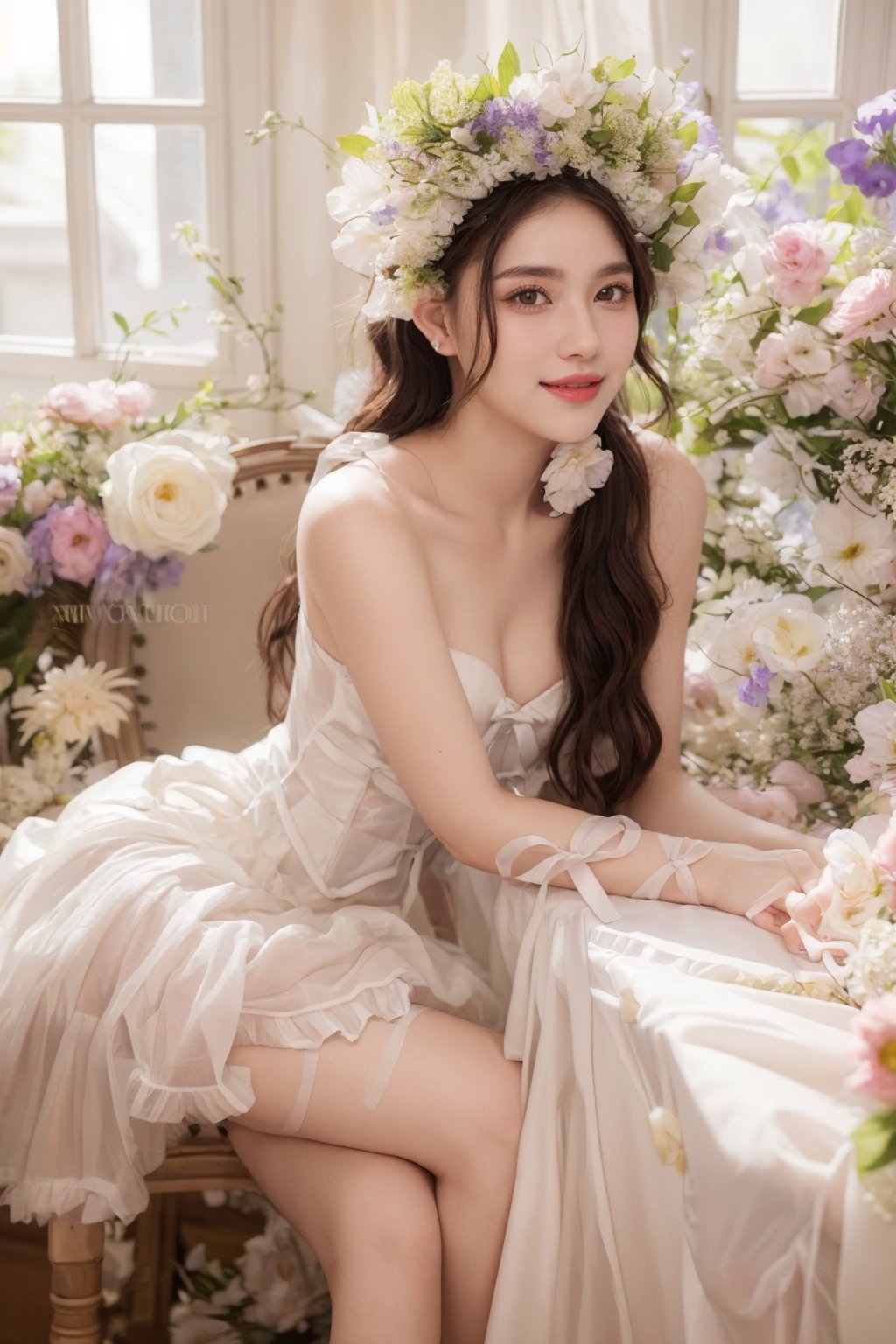 1girl, solo, long hair, looking at viewer, smile, brown hair, hair ornament, dress, bare shoulders, brown eyes, jewelry, upper body, flower, earrings, hair flower, lips, window,  dress,  lips, head wreath