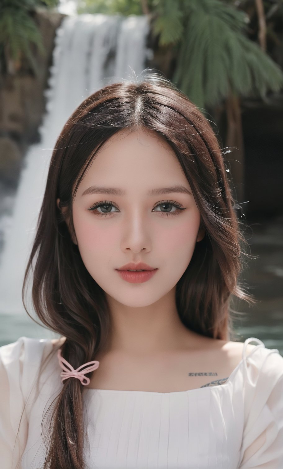 Symmetrical, High Detail RAW Color Photo Professional Close-Up Photo, [:( High Detail Face: 1.2): 0.1], (PureErosFace_V1: 0.8), Double tail, half body, pores, real skin, breast focus, straight up, an 18 year old woman under a waterfall, body in contact with water and ripples around, clear clean water, shining eyes, looking at the audience, wet clothes, transparent clothes, wet body, wet hair, Tyndall effect, lens flare, shadow,, bloom, natural lighting, hard focus, film grain, photographed with a Sony a9 II Mirrorless Camera, by Laurence Demaison