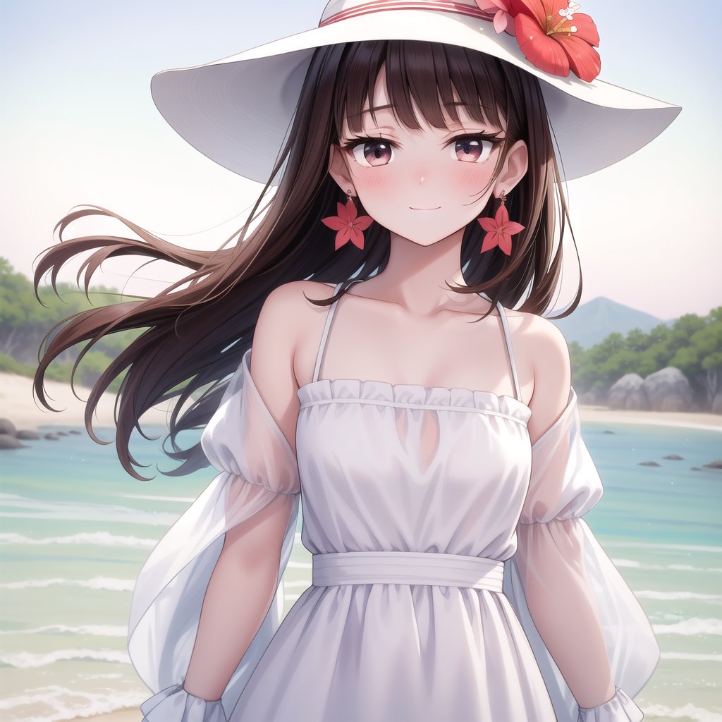 background is beach,sand,tropical forest,
20 yo, 1 girl, beautiful korean girl,standing,
wearing white simple summer dress(red flower pattern,strap),cloth flowing by wind, hold women hat with hands,smile, solo, {beautiful and detailed eyes}, dark eyes, calm expression, delicate facial features, ((model pose)), Glamor body type, (dark hair:1.2), simple tiny earrings, flim grain, realhands, masterpiece, Best Quality, 16k, photorealistic, ultra-detailed, finely detailed, high resolution, perfect dynamic composition, beautiful detailed eyes, eye smile, ((nervous and embarrassed)), sharp-focus, full_body, cowboy_shot,