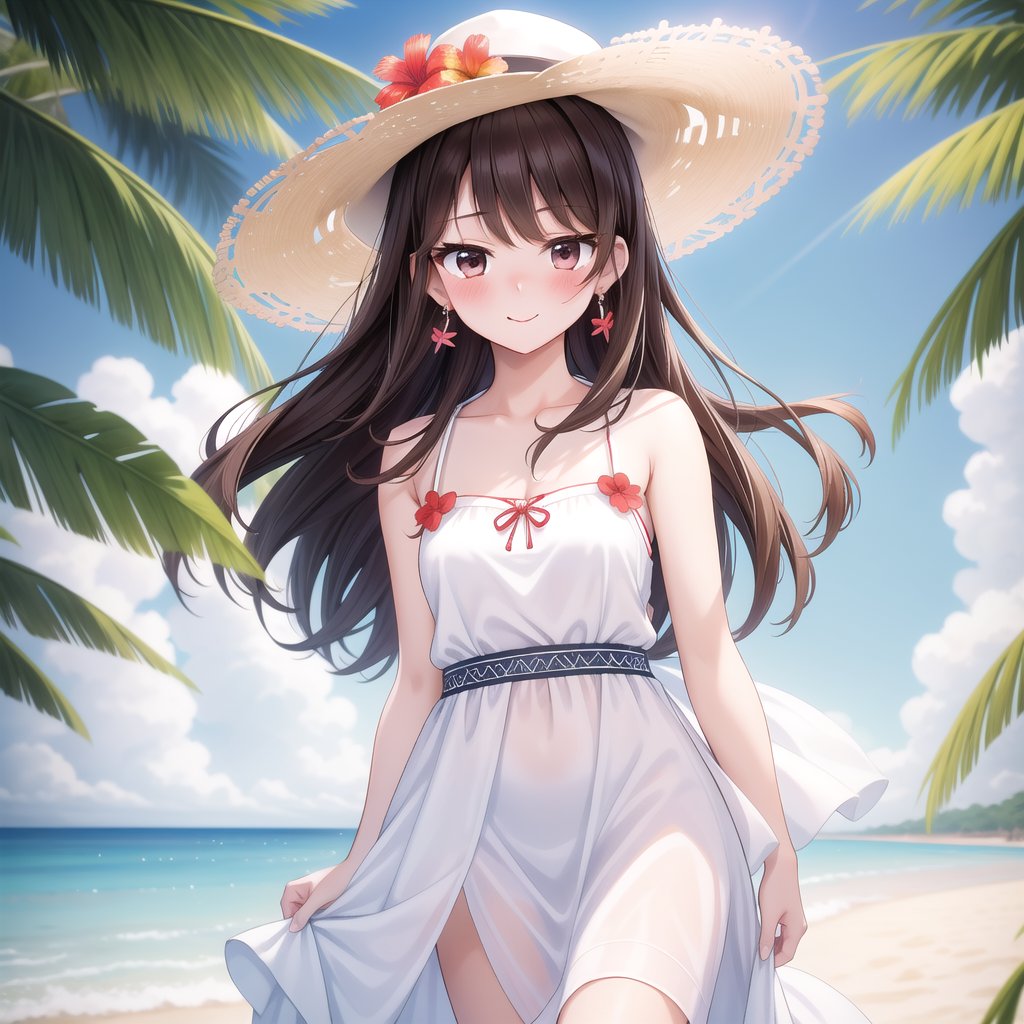 background is beach,sand,tropical forest,
20 yo, 1 girl, beautiful korean girl,standing,
wearing white simple summer dress(red flower pattern,strap),cloth flowing by wind, hold women hat with hands,smile, solo, {beautiful and detailed eyes}, dark eyes, calm expression, delicate facial features, ((model pose)), Glamor body type, (dark hair:1.2), simple tiny earrings, flim grain, realhands, masterpiece, Best Quality, 16k, photorealistic, ultra-detailed, finely detailed, high resolution, perfect dynamic composition, beautiful detailed eyes, eye smile, ((nervous and embarrassed)), sharp-focus, full_body, cowboy_shot,