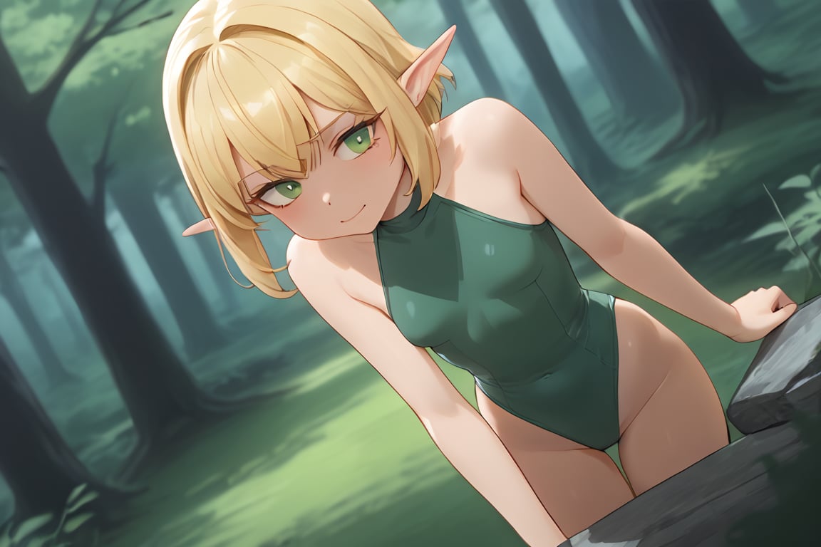 movie camera,dutch angle,solo,(face focus),(figure centre),1girl,elf ears,short_hair,bangs,blonde hair,small breasts,green elf leotard,forest,outdoors,