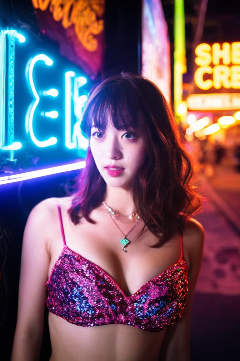 A sultry beauty with luscious brown hair and straight bangs stands out against a kaleidoscope of vibrant neon lights. She wears the Kakaco Sequins Tube Top, its sequins catching the soft glow of the blue and red lights surrounding her. The blurred neon signs in the background create a dynamic urban setting. Her dreamy expression is illuminated by the subtle neon light, which adds a touch of mystery to her calm demeanor. The shallow depth of field focuses on her radiant face, while the reflections of the neon lights add layers of depth and visual interest. This stunning image blends urban energy with serene beauty, making it a perfect magazine cover.