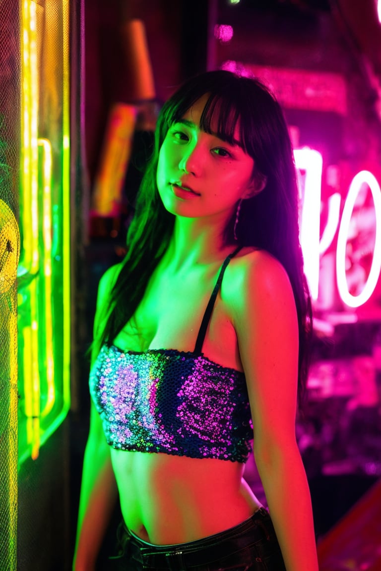 A sultry beauty with luscious brown hair and straight bangs stands out against a kaleidoscope of vibrant neon lights. She wears the Kakaco Sequins Tube Top, its sequins catching the soft glow of the blue and red lights surrounding her. The blurred neon signs in the background create a dynamic urban setting. Her dreamy expression is illuminated by the subtle neon light, which adds a touch of mystery to her calm demeanor. The shallow depth of field focuses on her radiant face, while the reflections of the neon lights add layers of depth and visual interest. This stunning image blends urban energy with serene beauty, making it a perfect magazine cover.