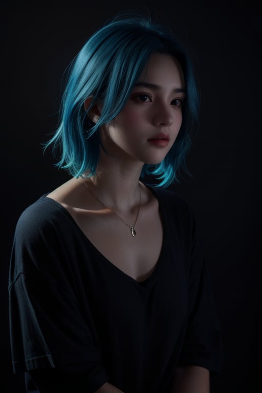 teenage girl, blue hair, dark background, dramatic light