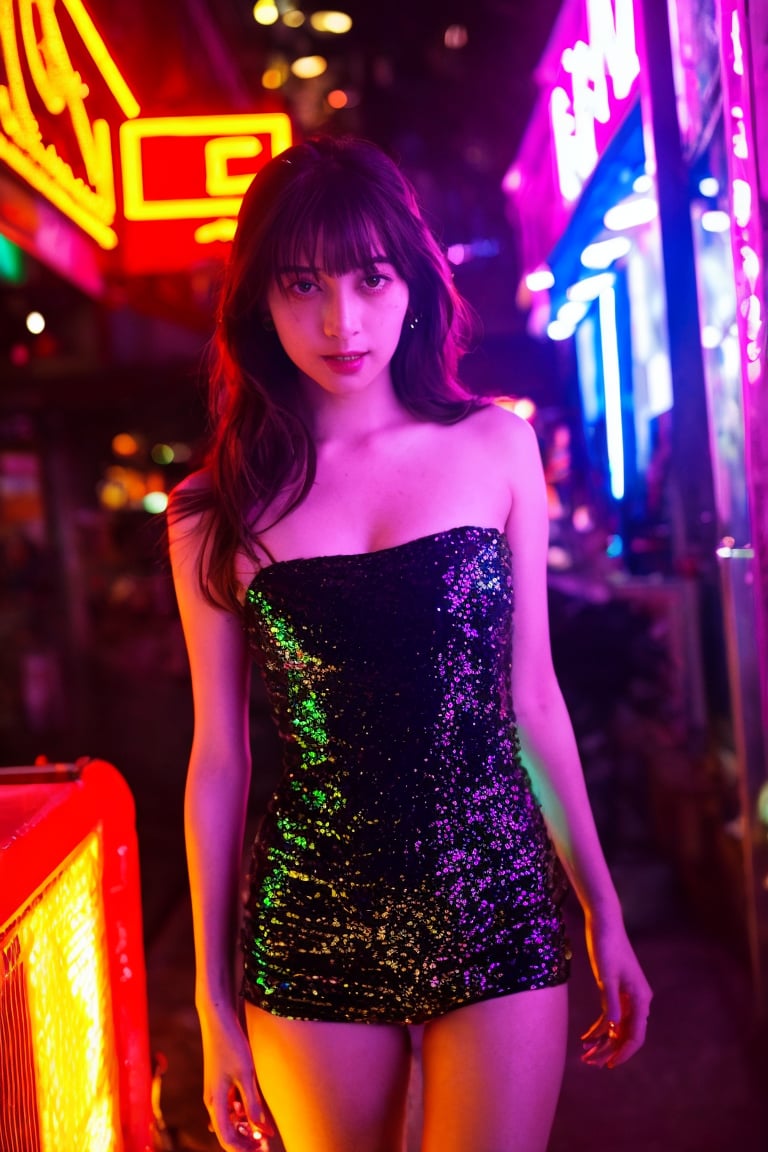 A sultry beauty with luscious brown hair and straight bangs stands out against a kaleidoscope of vibrant neon lights. She wears the Kakaco Sequins Tube Top, its sequins catching the soft glow of the blue and red lights surrounding her. The blurred neon signs in the background create a dynamic urban setting. Her dreamy expression is illuminated by the subtle neon light, which adds a touch of mystery to her calm demeanor. The shallow depth of field focuses on her radiant face, while the reflections of the neon lights add layers of depth and visual interest. This stunning image blends urban energy with serene beauty, making it a perfect magazine cover.