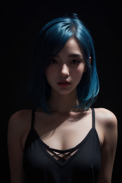 teenage girl, blue hair, dark background, dramatic light