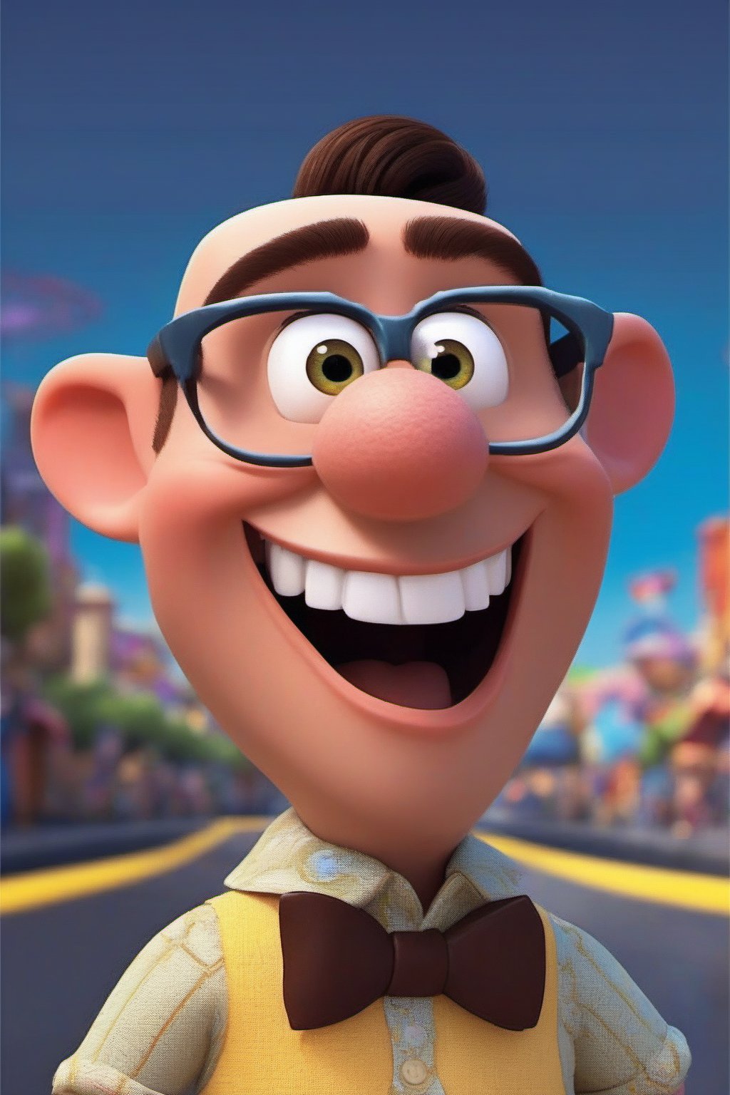 masterpiece, best quality, a man with a whimsical and silly appearance. He should have a large, goofy smile. Have him showing off all his white teeth. His hair is  brown and tousled, and he wears round, oversized glasses that magnify his twinkling eyes. Dress him in a colorful bow tie, to enhance his quirky charm.  3d animation, disney pixar style