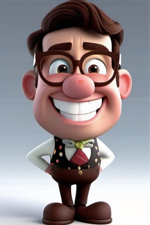 masterpiece, best quality, a man with a whimsical and silly appearance. He should have a large, goofy smile. Have him showing off all his white teeth. His hair is  brown and tousled, and he wears round, oversized glasses that magnify his twinkling eyes. Dress him in a colorful bow tie, to enhance his quirky charm. jumping up 3d animation, disney pixar style