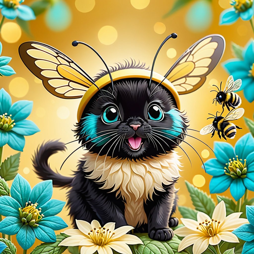 Exquisite macro photography closeup of an adorable caricature of a tiny bumble bee with the head of a black kitten, its whiskers twitching with excitement, buzzing over a bed of vibrant, turquoise-hued catnip flowers, entitled "A bumblefuzz, pollinating the catnip in my garden", showcasing a whimsical, dreamlike atmosphere, with soft, warm golden lighting, and intricate details of fur and petals, against a blurred, creamy yellow background, with a touch of subtle bokeh, emphasizing the playful, fantastical fusion of two beloved creatures.