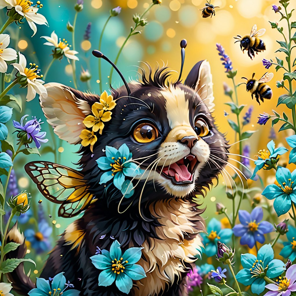 Exquisite macro photography closeup of an adorable caricature of a tiny bumble bee with the head of a black kitten, its whiskers twitching with excitement, buzzing over a bed of vibrant, turquoise-hued catnip flowers, entitled "A bumblefuzz, pollinating the catnip in my garden", showcasing a whimsical, dreamlike atmosphere, with soft, warm golden lighting, and intricate details of fur and petals, against a blurred, creamy yellow background, with a touch of subtle bokeh, emphasizing the playful, fantastical fusion of two beloved creatures.