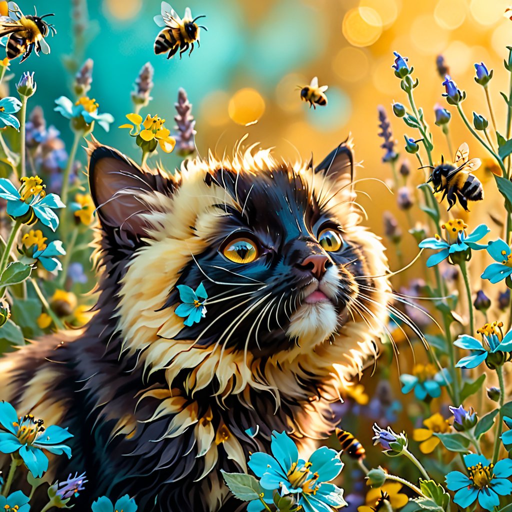 A captivating macro photograph captures a delightful bumblefuzz, featuring a tiny black kitten's head on a bee's body, its whiskers quivering with anticipation. The subject hovers above a lush bed of turquoise catnip flowers, amidst warm golden lighting that casts a soft glow. The furry texture and delicate petals are rendered in exquisite detail against a creamy yellow background, subtly blurred to emphasize the whimsical atmosphere.