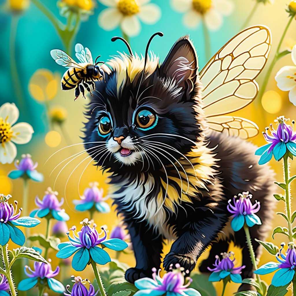 Exquisite macro photography closeup of an adorable caricature of a tiny bumble bee with the head of a black kitten, its whiskers twitching with excitement, buzzing over a bed of vibrant, turquoise-hued catnip flowers, entitled "A bumblefuzz, pollinating the catnip in my garden", showcasing a whimsical, dreamlike atmosphere, with soft, warm golden lighting, and intricate details of fur and petals, against a blurred, creamy yellow background, with a touch of subtle bokeh, emphasizing the playful, fantastical fusion of two beloved creatures.