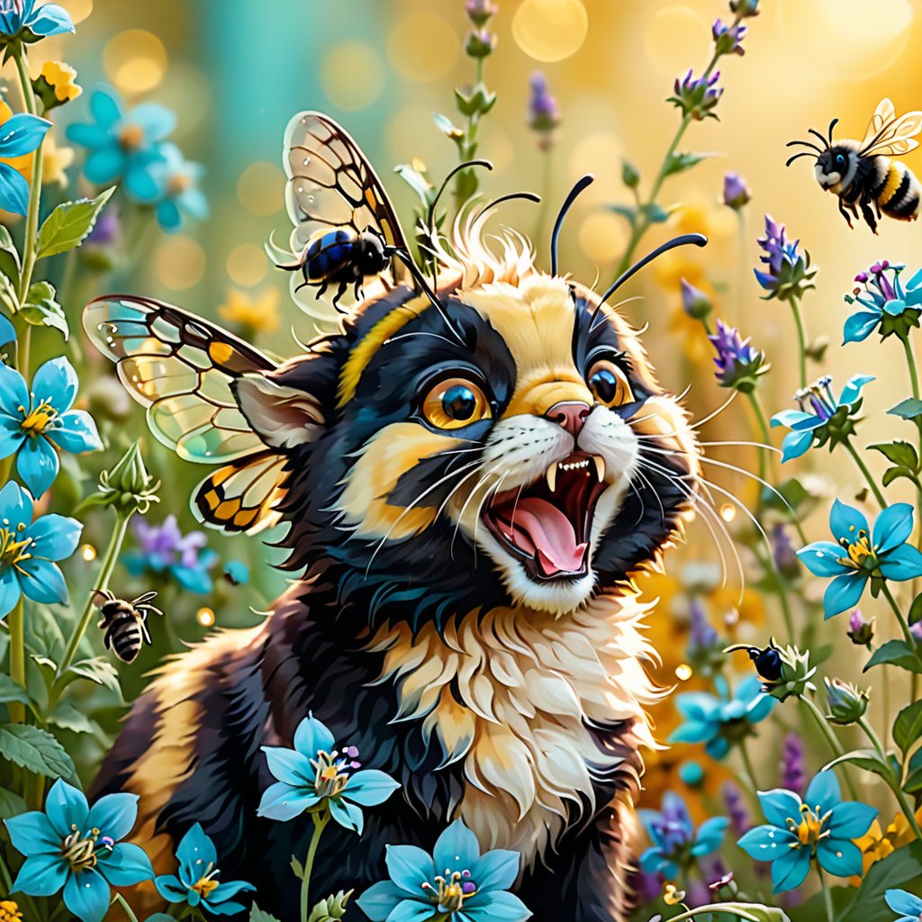 Exquisite macro photography closeup of an adorable caricature of a tiny bumble bee with the head of a black kitten, its whiskers twitching with excitement, buzzing over a bed of vibrant, turquoise-hued catnip flowers, entitled "A bumblefuzz, pollinating the catnip in my garden", showcasing a whimsical, dreamlike atmosphere, with soft, warm golden lighting, and intricate details of fur and petals, against a blurred, creamy yellow background, with a touch of subtle bokeh, emphasizing the playful, fantastical fusion of two beloved creatures.