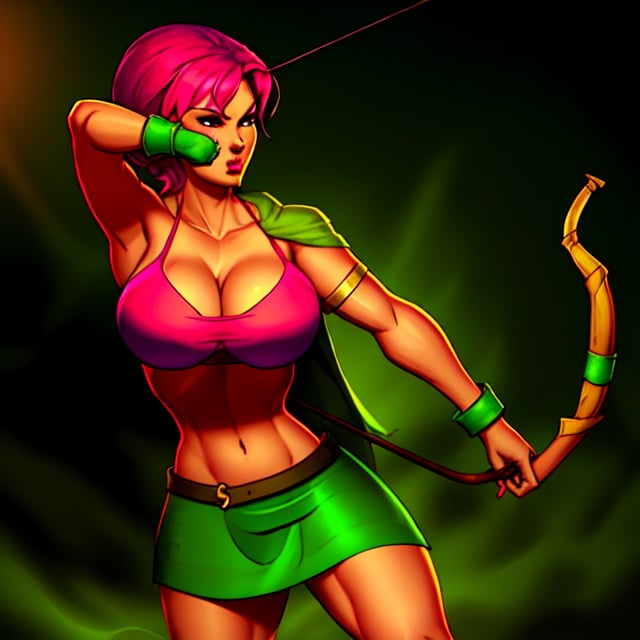 Create an image of an archer from Clash of Clans, featuring a hot pink bra and a green skirt. The archer should have a voluptuous figure with prominent big boobs. The scene is set in a dynamic combat stance, with the archer drawing back her bow, aiming forward. The lighting is dramatic, highlighting her curves and the vibrant colors of her attire. The composition focuses on her upper body, capturing the intensity of the moment.