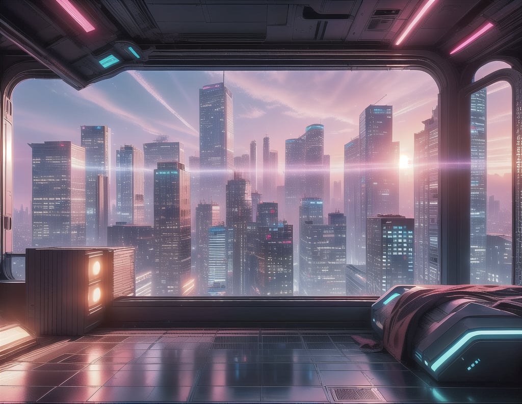 City, metropolis, with skyscrapers, against the backdrop of a pink sunset, pink and peach sky, the glare of the sun on the buildings, sun rays between buildings, without people, Futuristic future, adstech