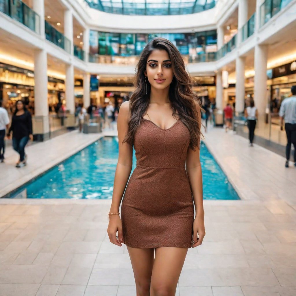 high quality, 8K Ultra HD, hyper-realistic woman, highly detailed, photorealistic , realistic, real-life, real, full body visible, background in a shopping mall , full body , front side, real-life , naturally, swimming pool ,instagram influencer, indian girl in hot dress  , 20 years old , so cute, attractive, hot and sexy,    brown eyes, long_hair , From head to toe 