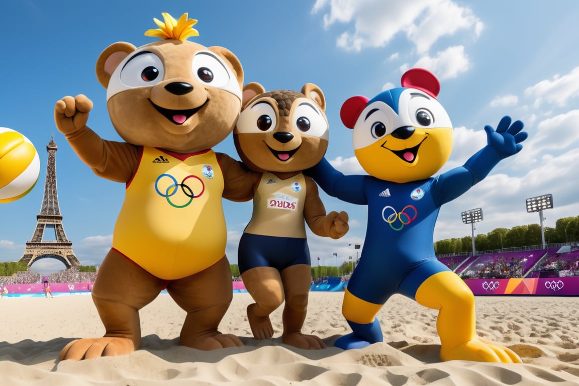 fanciful and playful atmosphere ,2024 Paris Olympic Games mascots beach volleyball competition at the Paris Olympics, sky,Paris Olympics game,