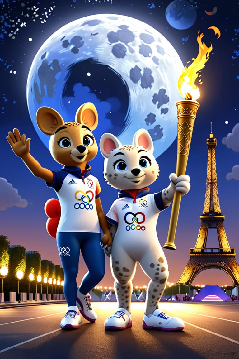 fanciful and playful atmosphere ,Paris Olympic Games mascots come on the 2024 Paris Olympics game, moon,mysterious,night,Paris Olympics game,standing with the Olympic torch,more detail XL