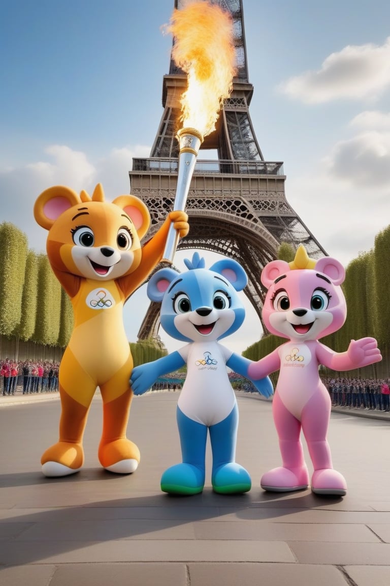 fanciful and playful atmosphere ,Paris Olympic Games mascots come on the 2024 Paris Olympics game, sky,Paris Olympics game,rainbow arch,standing with the Olympic torch