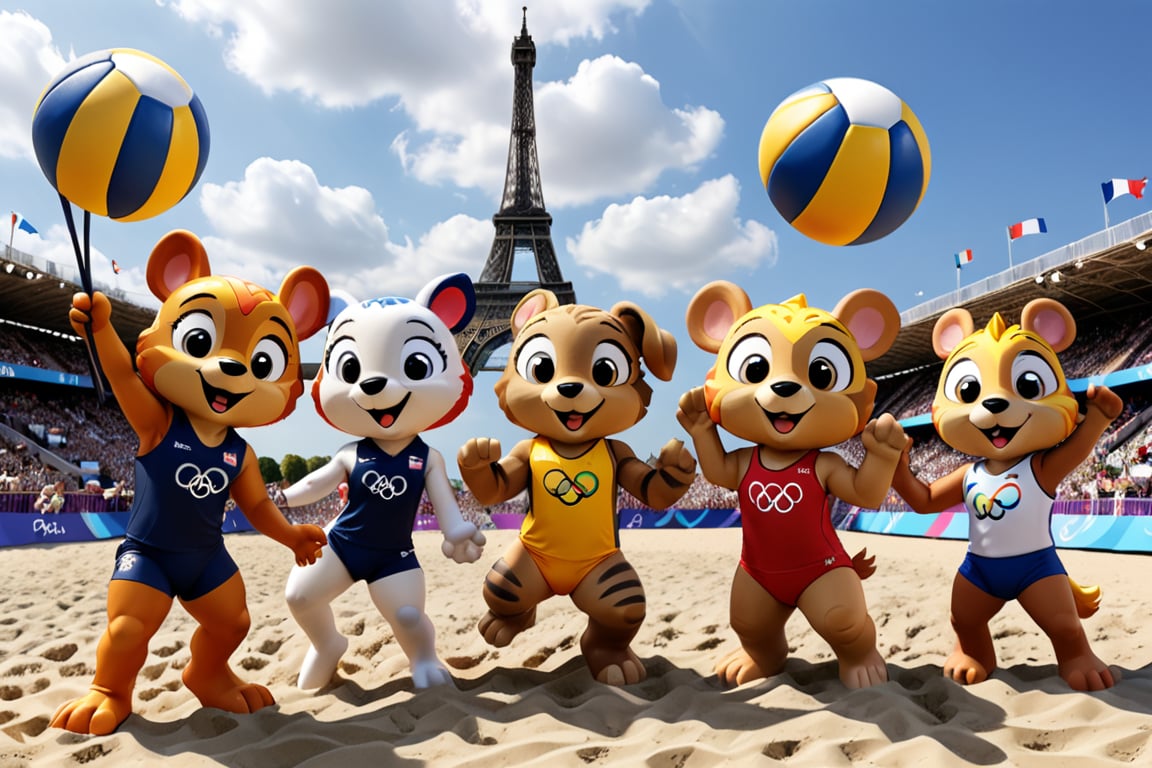 fanciful and playful atmosphere ,2024 Paris Olympic Games mascots beach volleyball competition at the Paris Olympics, sky,Paris Olympics game,