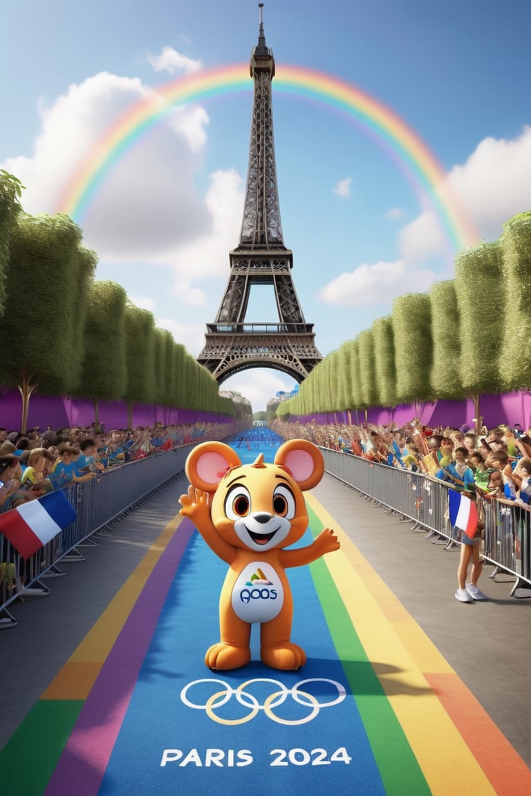 fanciful and playful atmosphere ,Paris Olympic Games mascots come on the 2024 Paris Olympics game, sky,Paris Olympics game,rainbow arch,