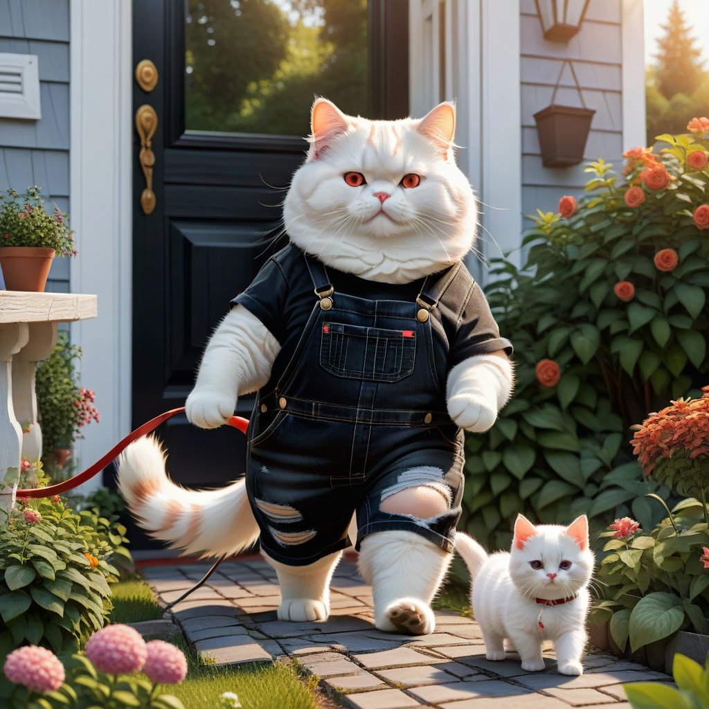 ((ultra realistic photo))  A chubby white cat with red eyes, wearing ripped black clothes and shorts, leading a small orange kitten wearing overalls on a leash. They are standing in front of a cozy house with a garden, ready to start their jog.
