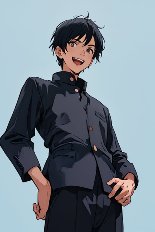 a boy, gakuran, simple_background, blue background, look at viewer, from below, cowboy shot, Placing hands on hips, laughing, black hair,medium hair, 