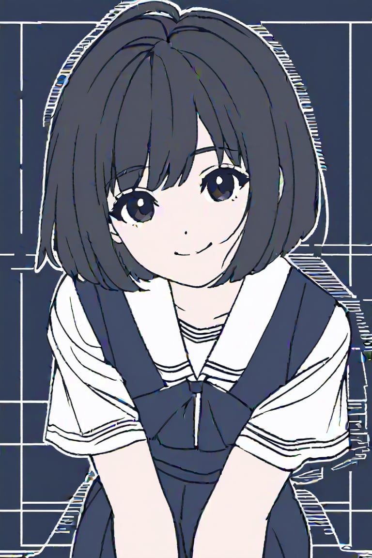 from front, portrait, look at viewer, a girl, sitting, smile, short hair, black hair, school uniform, short sleeve shirt, dark blue skirt, line art,