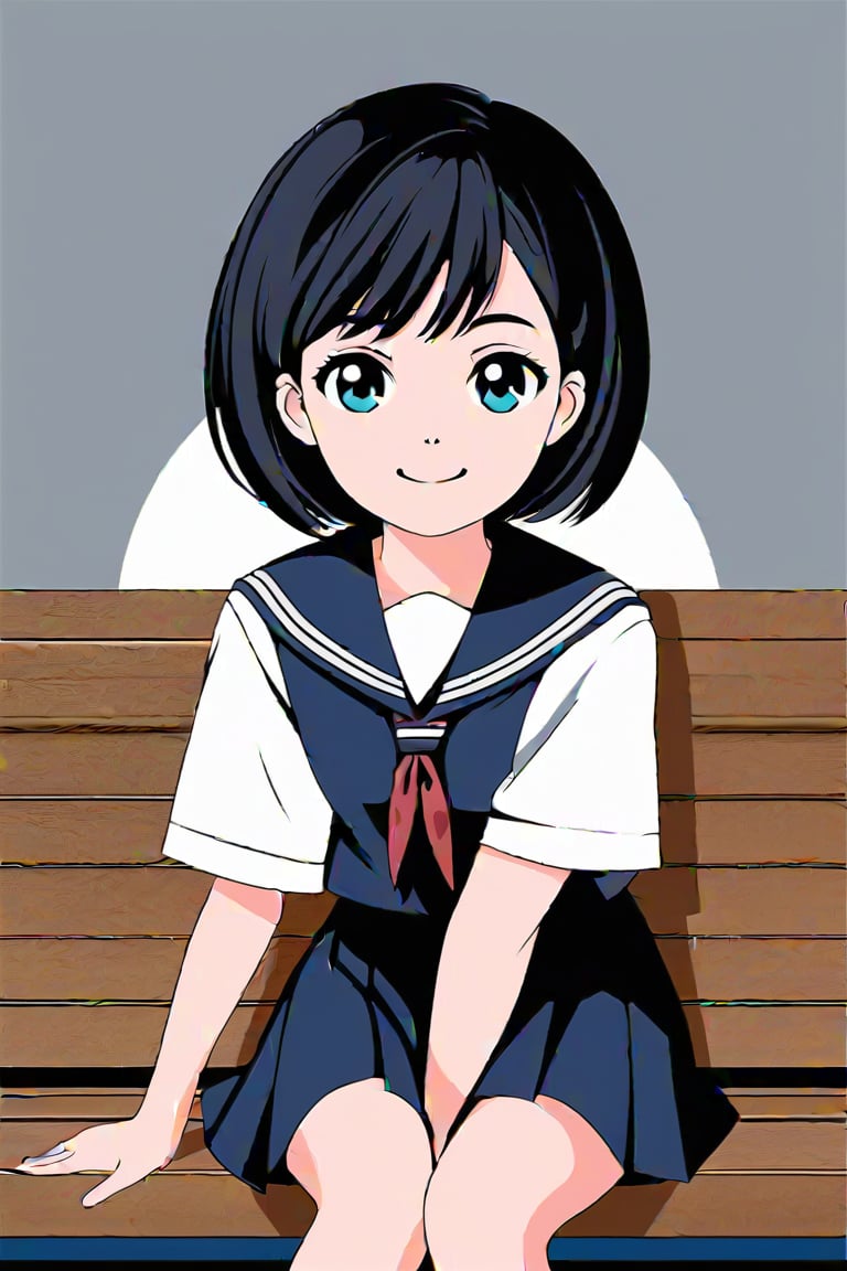 from front, portrait, look at viewer, a girl, sitting, smile, short hair, black hair, school uniform, short sleeve shirt, dark blue skirt, vector art,