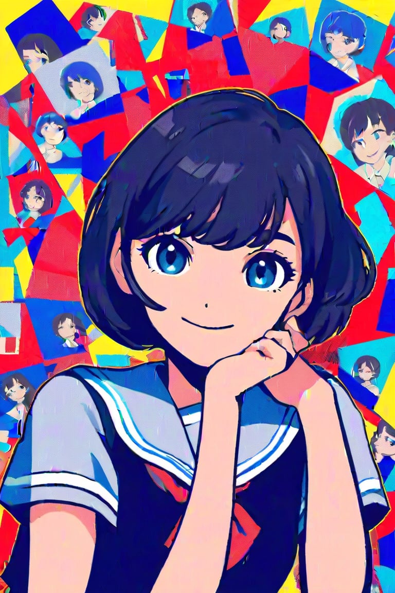 from front, portrait, look at viewer, a girl, sitting, smile, short hair, black hair, school uniform, short sleeve shirt, dark blue skirt, pop art,