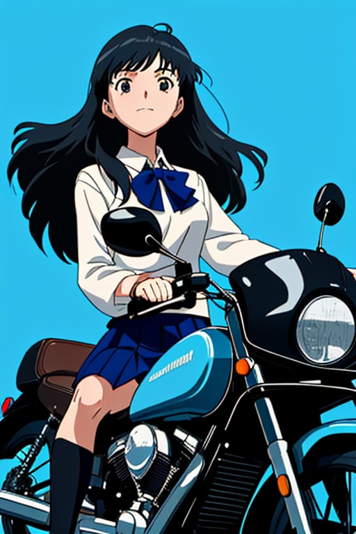 a girl, simple_background, blue background, semi long, black hair, school uniform, blouse, cel anime, cowboy shot, front view, from below, riding motorcycle, driving a bike