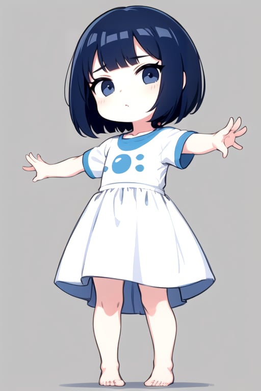 1girl, solo, looking at viewer, short hair, bangs, simple background, shirt, white background, closed mouth, standing, monochrome, full body, short sleeves, barefoot, chibi, expressionless, outstretched arms, blue theme