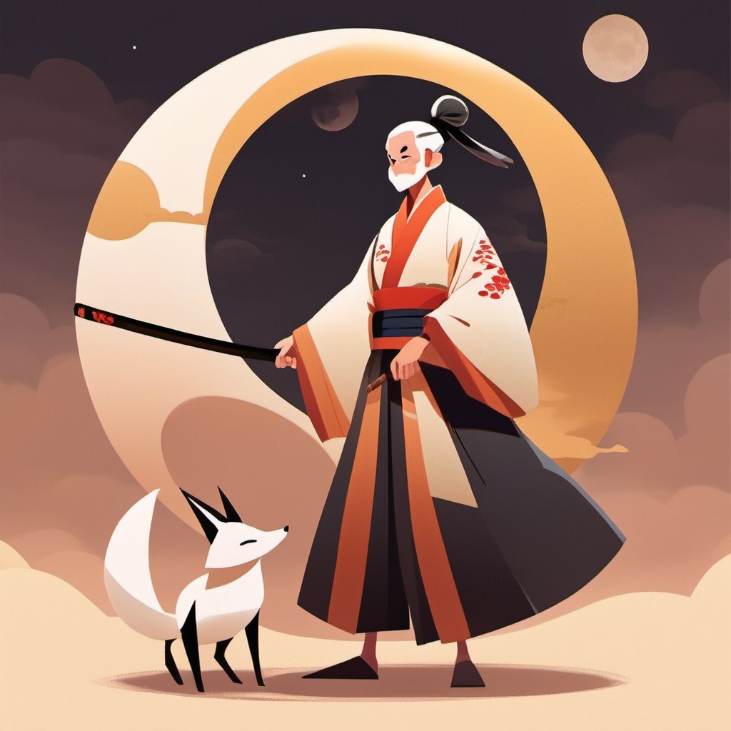 Flat Design, 1 old man, chinese clothes,five-tailed fox, black hair, hakama, wide sleeves, long sleeves, standing, full body, kimono, solo, face to viewer, smile, circle, moon light, short hair, hair bun, white hakama, holding katana