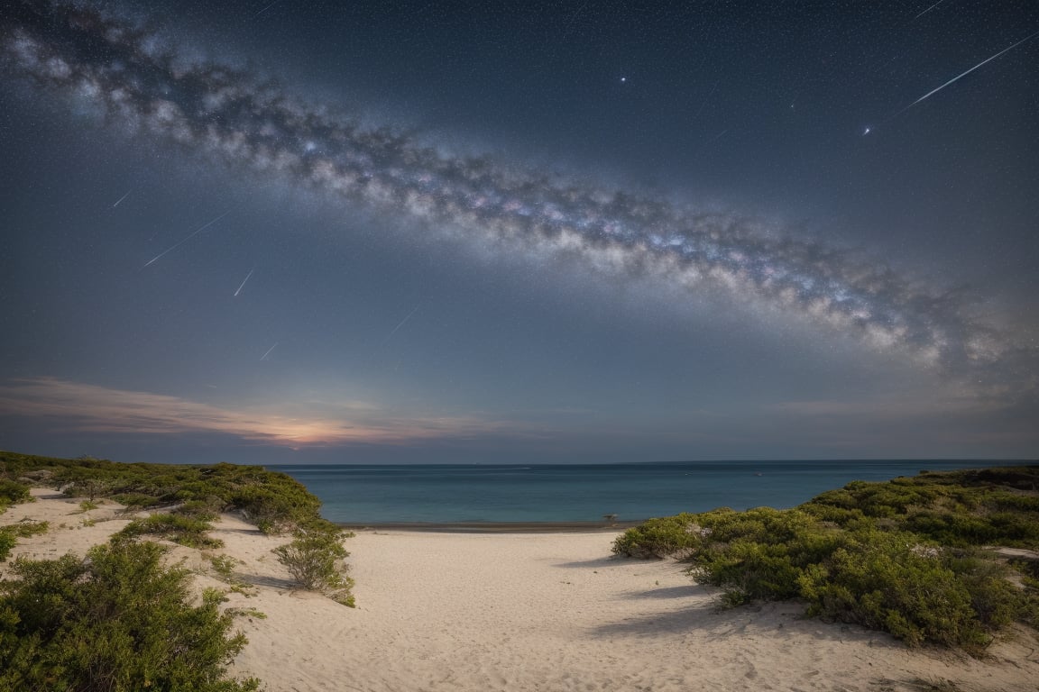  large glass window, resort, outdoor, night sky, clouds, Starry sky, star, water, trees, no humans, ocean, beach, landscape, sand, coast, original photos, realistic, photography,fine art,