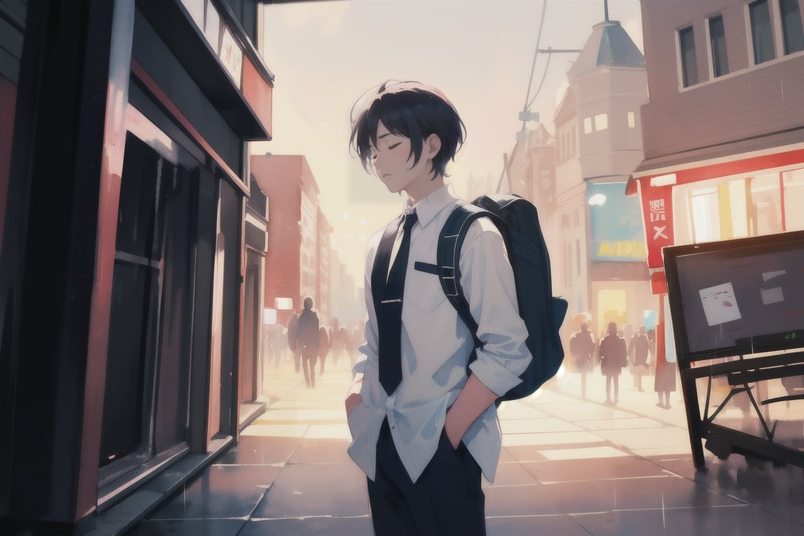 1 boy, alone, Highly detailed, High Quality, Masterpiece, Beutiful, (Medium long shot) ,anime, closed mouth, standing, closed eyes, white shirt, male focus, cowboy shot, necktie, collared shirt, pants, bag, blurry, profile, backpack, black necktie, rain, hands in pockets, bokeh light dust, depth of field, watercolor, Design, watercolor \(medium\),Sylvain_Sarrailh_style_lora_by_niolas,fine art