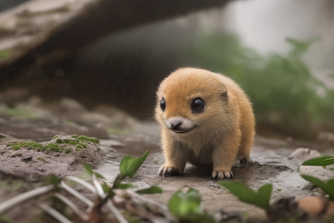 Animal, solo, Take shelter from the rain, looking at viewer, outdoors, blurry, cute, little animal, Personification, no humans, depth of field, hiding under leaf, rain, water drop, realistic, animal focus,Macro photography,Raw photo,Realistic,Wild Life,Animal Photography,aodai