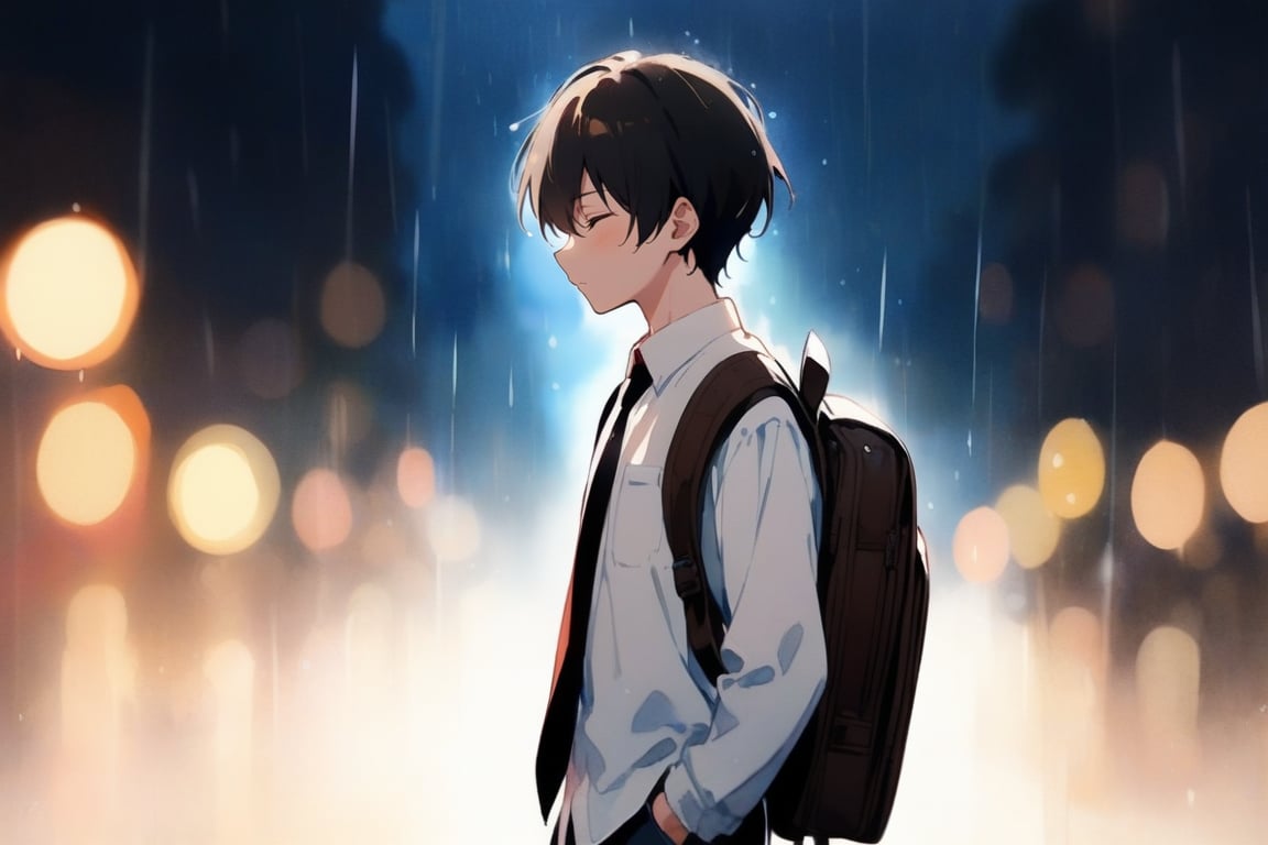 Highly detailed, High Quality, Masterpiece, Beutiful, (Medium long shot) ,anime,1 boy, solo, closed mouth, standing, closed eyes, white shirt, male focus, cowboy shot, necktie, collared shirt, pants, bag, blurry, profile, backpack, black necktie, rain, hands in pockets, bokeh light dust, depth of field, watercolor,Flat Design,watercolor \(medium\)