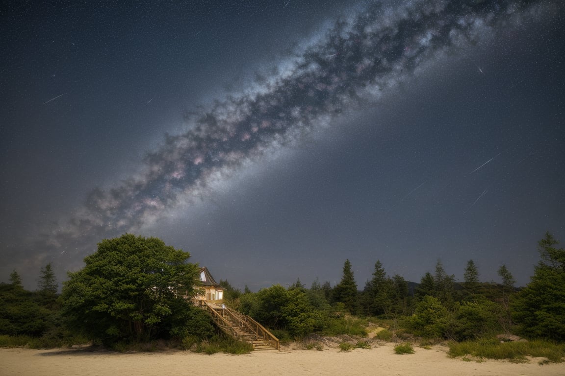 outdoor, night sky, clouds, Starry sky, star, water, trees, no humans, ocean, beach, glass holiday home, landscape, sand, coast, original photos, realistic, photography,fine art,