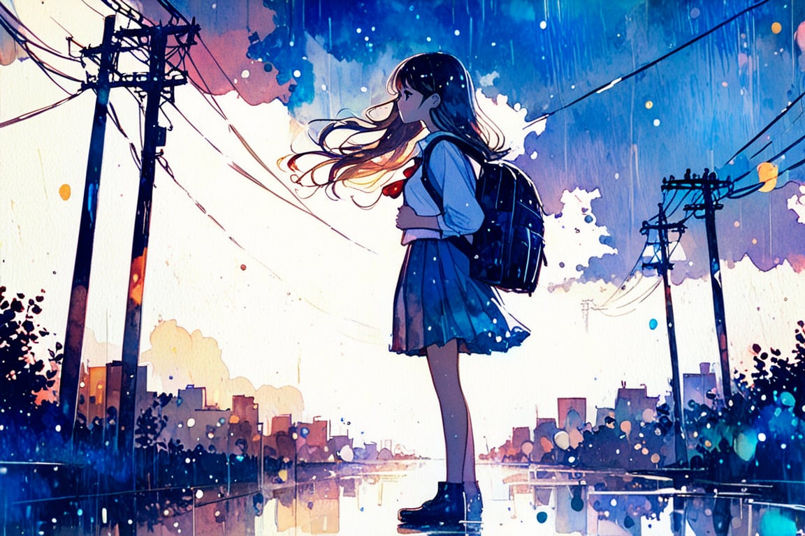 alone, 1 girl, rainy day, rain, Slightly flowing long hair, school uniform, standing, full body, female focus, outdoors, sky, shoes, cloud, bag, from side, profile, backpack, cloudy sky, building, reflection, school bag, city, power lines, utility pole, gradient color cloud, Watercolor, bokeh light dust, depth of field, Fashion,
best quality, 8k, highres, masterpiece, perfect hands, perfect anatomy, The highest image quality, excellent detail, ultra-high resolution, best illustration, attention to detail, exquisite beautiful face, detailed hands, expressive eyes,tortinita fine,watercolor , Expressiveh,