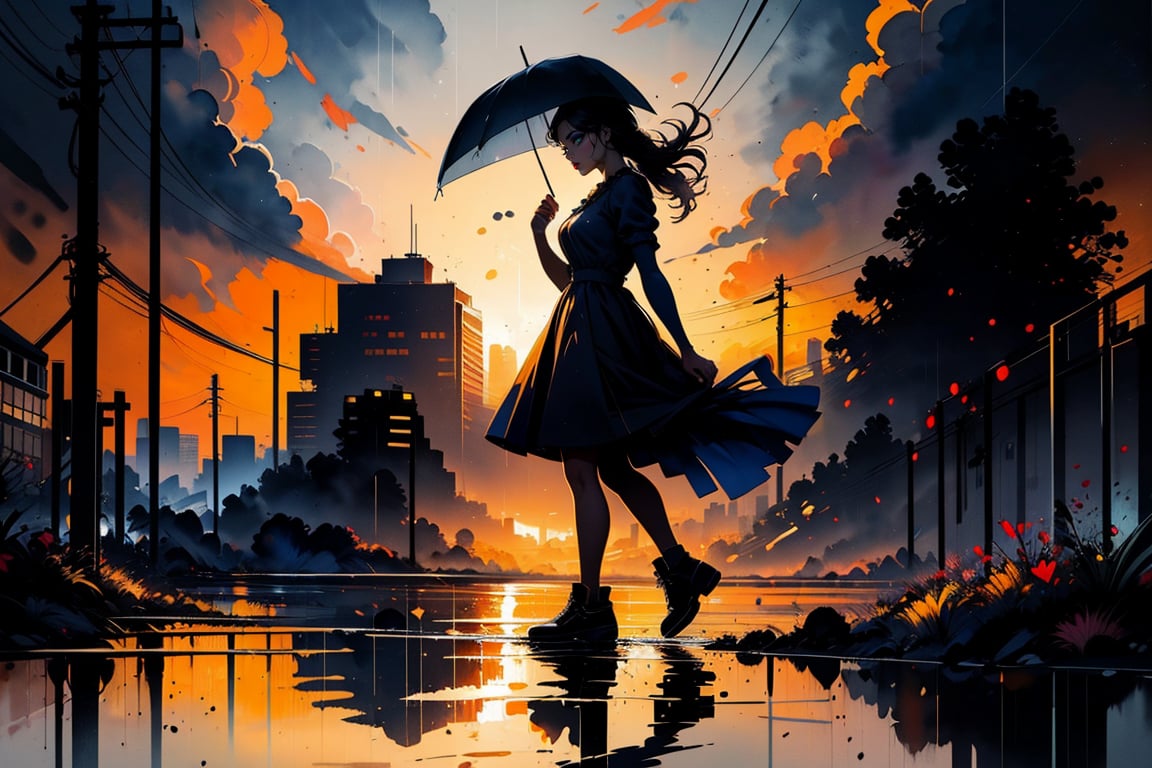 alone, 1 girl, rainy day, rain, Slightly flowing long hair, dress, standing, full body, female focus, outdoors, sky, shoes, cloud, from side, profile, cloudy sky, building, reflection, city, power lines, utility pole, gradient color cloud, Watercolor, bokeh light dust, depth of field, Fashion, best quality, 8k, highres, masterpiece, perfect hands, perfect anatomy, The highest image quality, excellent detail, ultra-high resolution, best illustration, attention to detail, exquisite beautiful face, detailed hands, expressive eyes,tortinita fine,watercolor , Expressiveh,INK art