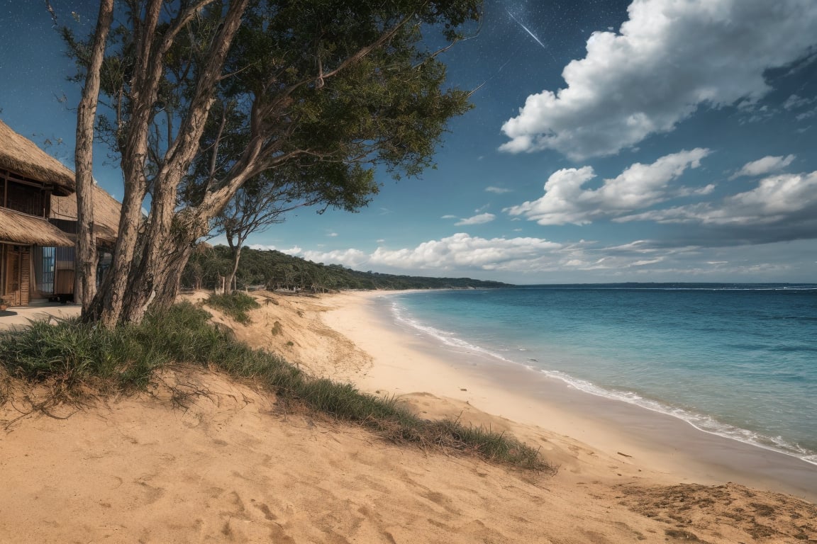 outdoor, sky, night sky, clouds, water, trees, no humans, ocean, beach, thatch, landscape, sand, coast, original photos, realistic, photography,fine art,