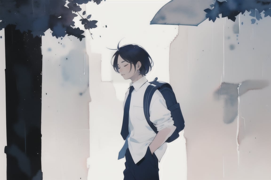 1 boy, alone, Highly detailed, High Quality, Masterpiece, Beutiful, (Medium long shot) ,anime, closed mouth, standing, closed eyes, white shirt, male focus, cowboy shot, necktie, collared shirt, pants, bag, blurry, profile, backpack, black necktie, rain, hands in pockets, bokeh light dust, depth of field, watercolor, Design, watercolor \(medium\),Sylvain_Sarrailh_style_lora_by_niolas,fine art
