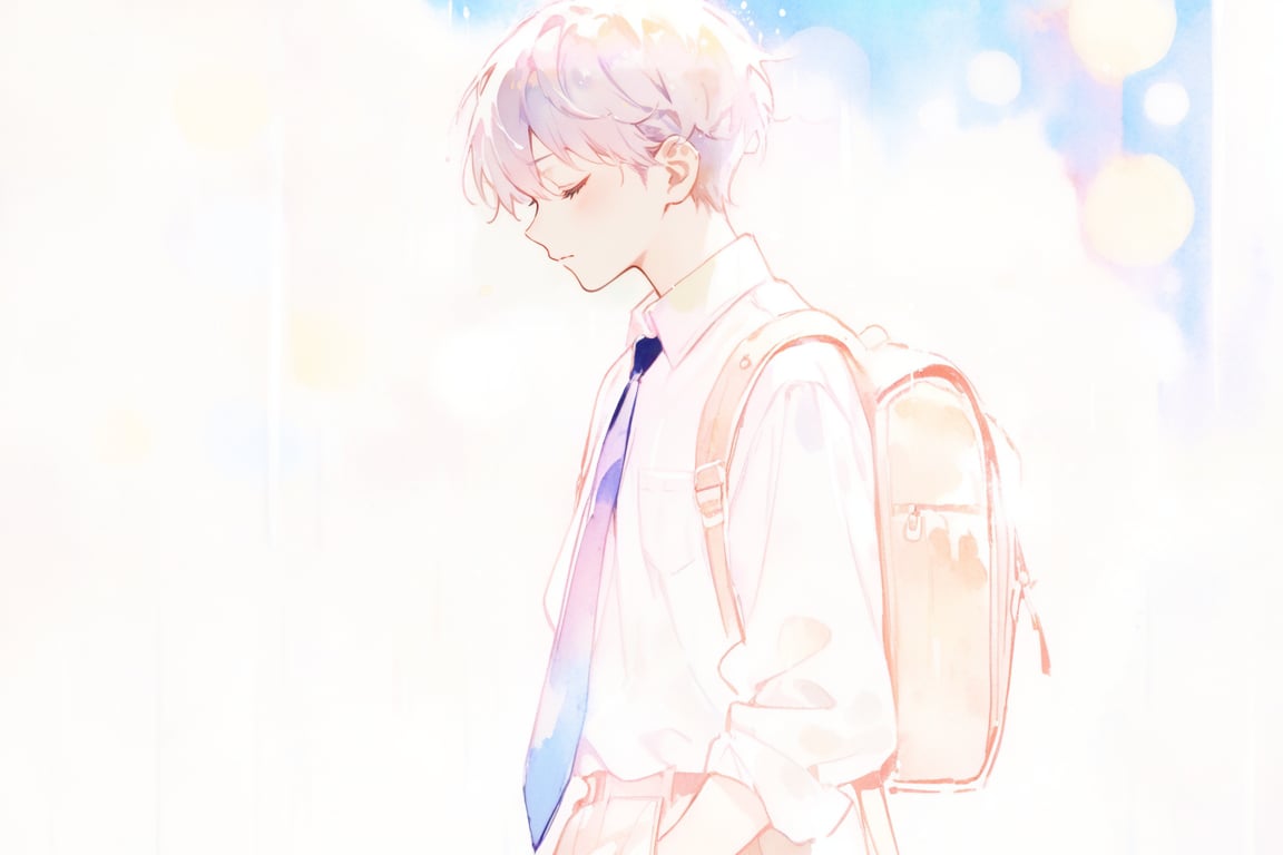 Highly detailed, High Quality, Masterpiece, Beutiful, (Medium long shot) ,anime,1 boy, solo, closed mouth, standing, closed eyes, white shirt, male focus, cowboy shot, necktie, collared shirt, pants, bag, blurry, profile, backpack, black necktie, rain, hands in pockets, bokeh light dust, depth of field, watercolor,Flat Design,watercolor \(medium\)