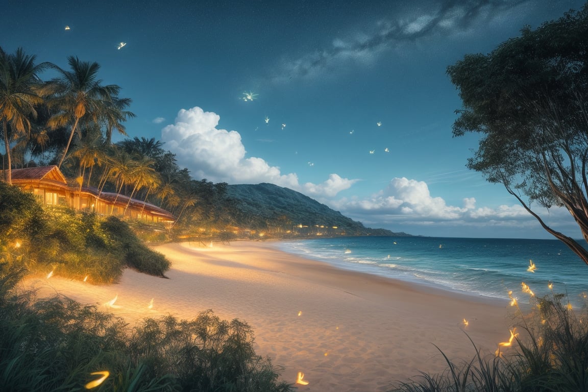 outdoor, sky, day, clouds, water, trees, blue sky, no humans, ocean, beach, thatch, landscape, sand, coast, original photos, realistic, photography,fine art,night sky,firefliesfireflies