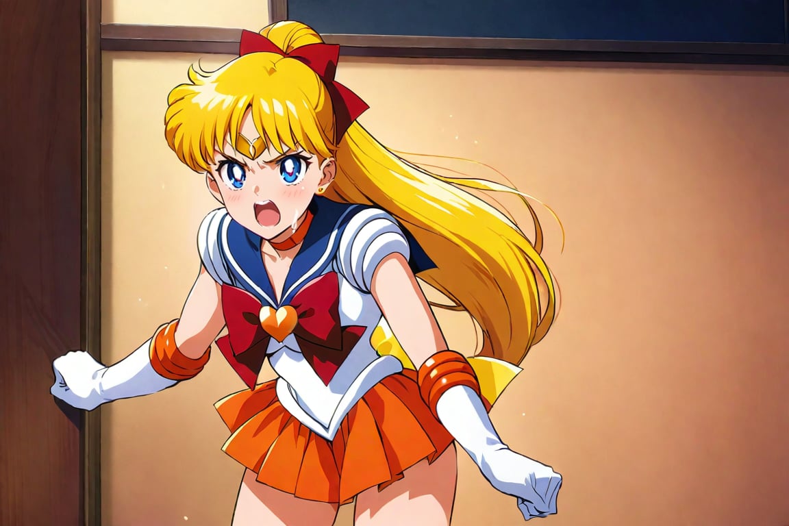 sailor venus, painful face, X-shaped restraint, cum on her face, Full body covered in semen, open her mouth big, glaring up, shouting, screaming, midnight of school classroom, masterpiece, best quality, high resolution, unity 8k wallpaper, beautiful detailed eyes, extremely detailed face, perfect lighting, extremely detailed CG, perfect hands, perfect anatomy sv1, orange skirt, elbow gloves, tiara, pleated skirt, miniskirt, red bow, orange choker, white gloves, jewelry, blond long hair , hair tied back, made into a ponytail, bow, brooch, choker, earrings, elbow gloves, gloves, heart, heart brooch, sailor collar, skirt, pleated skirt, sailor collar, sailor senshi uniform, skirt, stud earrings, white gloves, angry face, glaring up, twinkle in the eyes, hero pose, fighting alone, aavenus