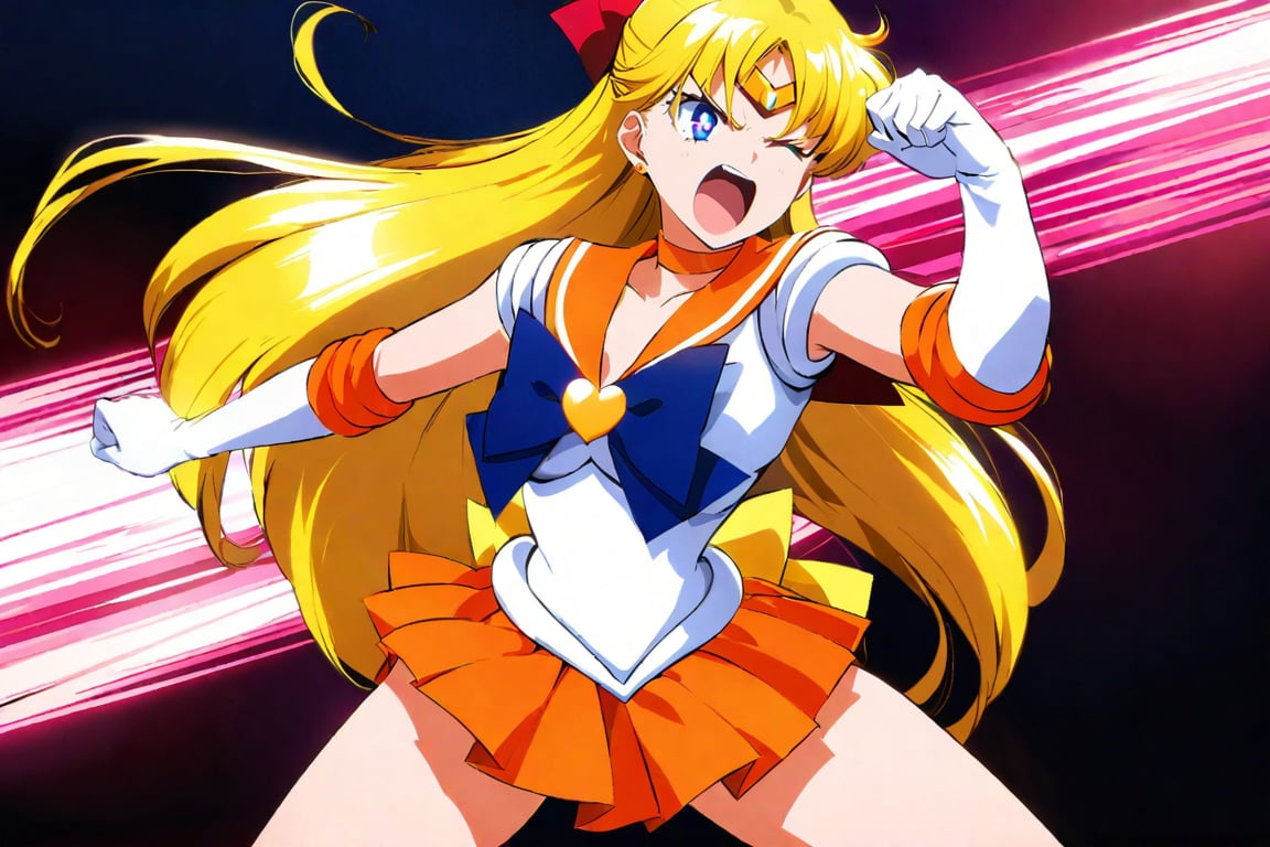 sailor venus, Creasecent beam bounced back,  Creasecent beam hit her directly, open her mouth big, eyes closed, closing eyes, shouting, screaming, midnight of school classroom, masterpiece, best quality, high resolution, unity 8k wallpaper, beautiful detailed eyes, extremely detailed face, perfect lighting, extremely detailed CG, perfect hands, perfect anatomy sv1, 

orange skirt, elbow gloves, tiara, pleated skirt, miniskirt, red bow, orange choker, white gloves, jewelry, blond long hair , hair tied back, made into a ponytail, bow, brooch, choker, earrings, elbow gloves, gloves, heart, heart brooch, sailor collar, skirt, pleated skirt, sailor collar, sailor senshi uniform, skirt, stud earrings, white gloves, 

angry face, glaring up, twinkle in the eyes, hero pose, fighting alone, aavenus, crescent beam!