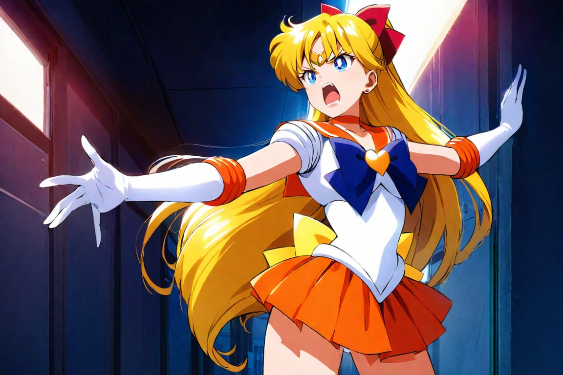 sailor venus, painful face, X-shaped restraint, open her mouth big, glaring up, shouting, screaming, midnight of school classroom, masterpiece, best quality, high resolution, unity 8k wallpaper, beautiful detailed eyes, extremely detailed face, perfect lighting, extremely detailed CG, perfect hands, perfect anatomy sv1, 

orange skirt, elbow gloves, tiara, pleated skirt, miniskirt, red bow, orange choker, white gloves, jewelry, blond long hair , hair tied back, made into a ponytail, bow, brooch, choker, earrings, elbow gloves, gloves, heart, heart brooch, sailor collar, skirt, pleated skirt, sailor collar, sailor senshi uniform, skirt, stud earrings, white gloves, 

angry face, glaring up, twinkle in the eyes, hero pose, fighting alone, aavenus, crescent beam!